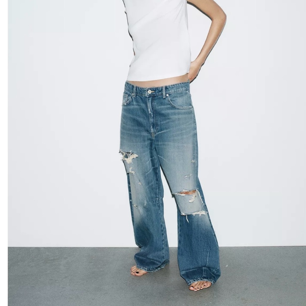 Distressed mid rise baggy balloon denim jeans